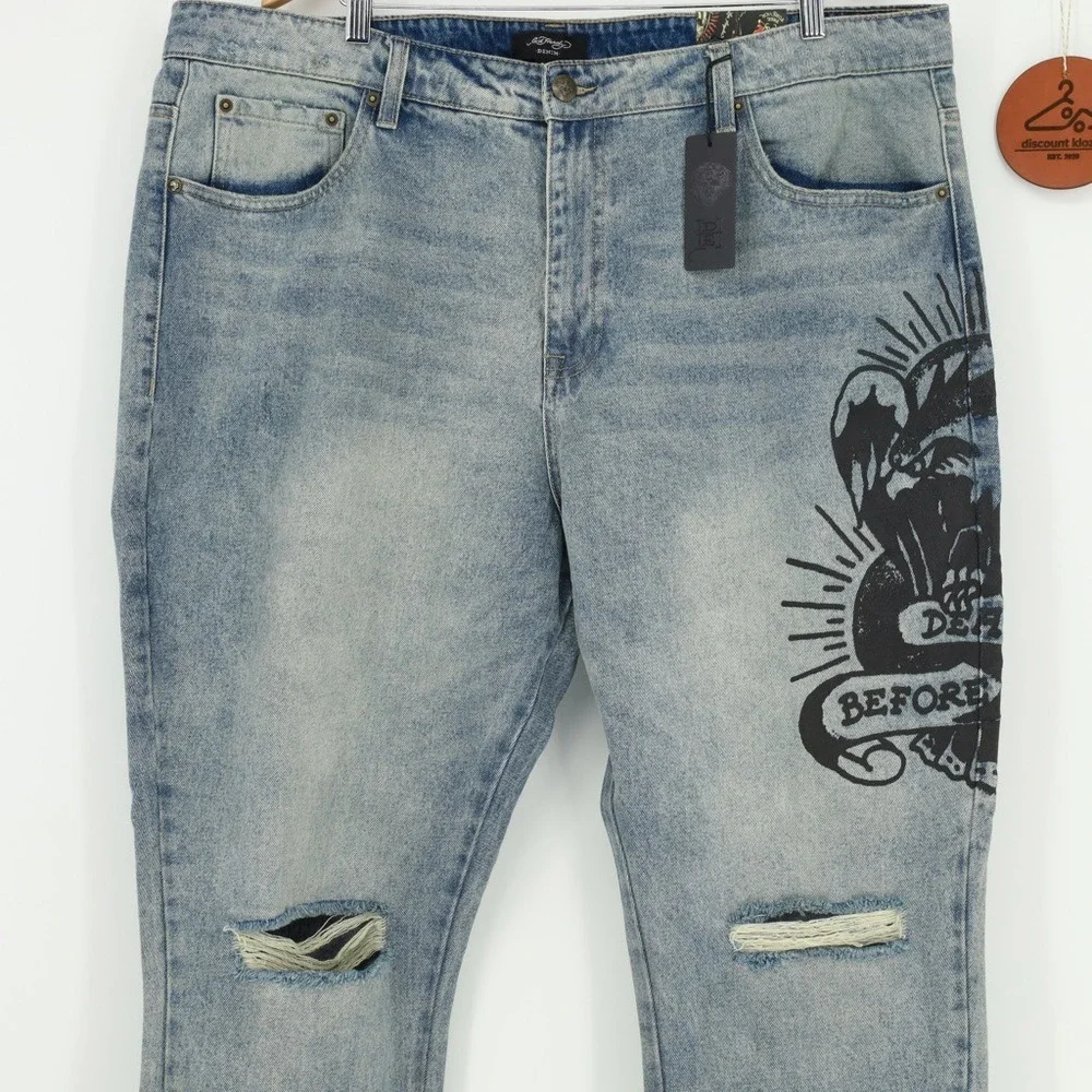 Ed Hardy Jeans Death Before Tattoo Distressed Graphic Denim Slim Fit Size 42‎
